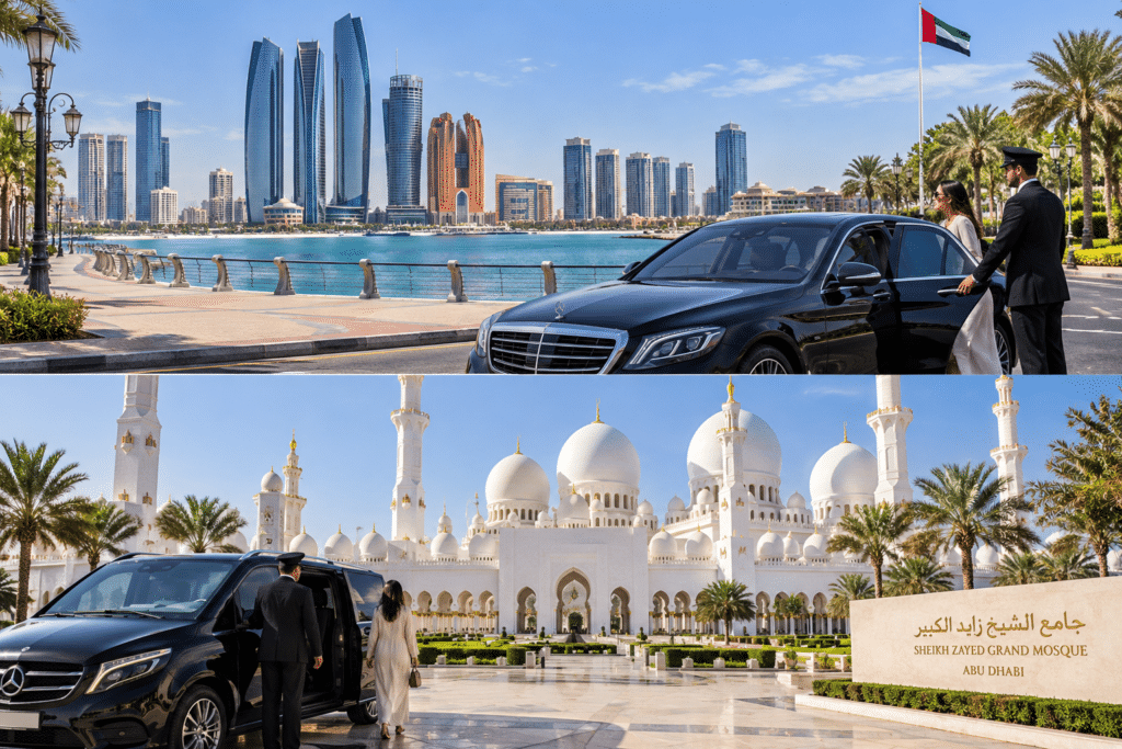 Luxury Abu Dhabi city tour with professional chauffeur and private car Abu Dhabi sightseeing with chauffeur at Sheikh Zayed Grand Mosque and Corniche