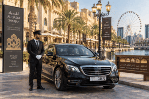 Chauffeur service Sharjah – professional driver with sedan near heritage area