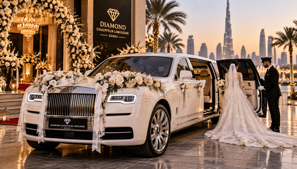 Luxury wedding limousine decorated with white flowers in Dubai