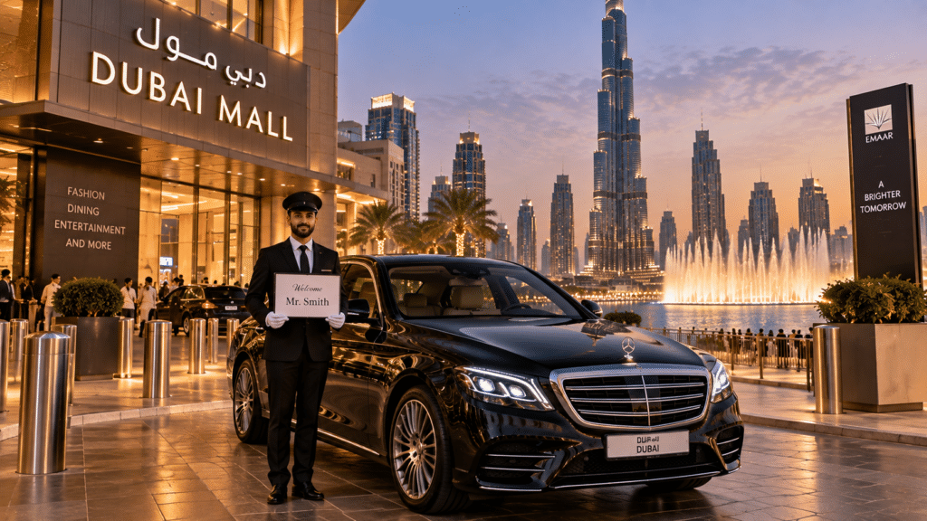 Luxury black sedan and professional chauffeur outside Dubai Mall with Burj Khalifa and Dubai Fountain at sunset
