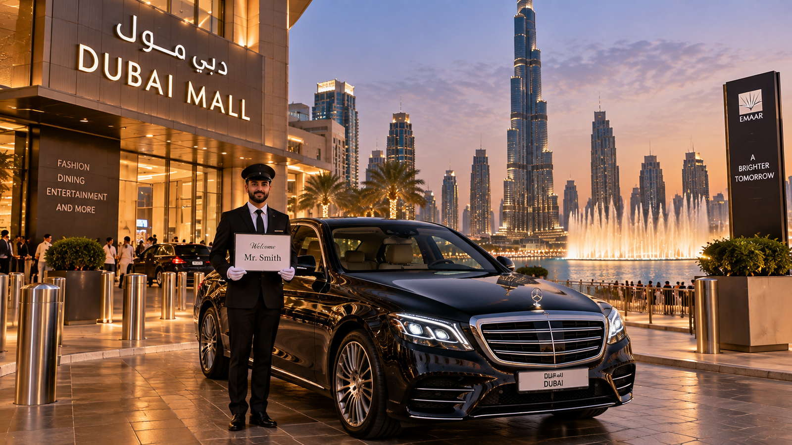 Luxury black sedan and professional chauffeur outside Dubai Mall with Burj Khalifa and Dubai Fountain at sunset