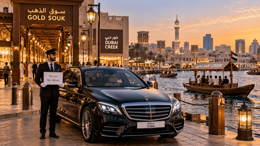 Luxury black sedan and professional chauffeur at Dubai Creek waterfront near Gold Souk with traditional abra boats