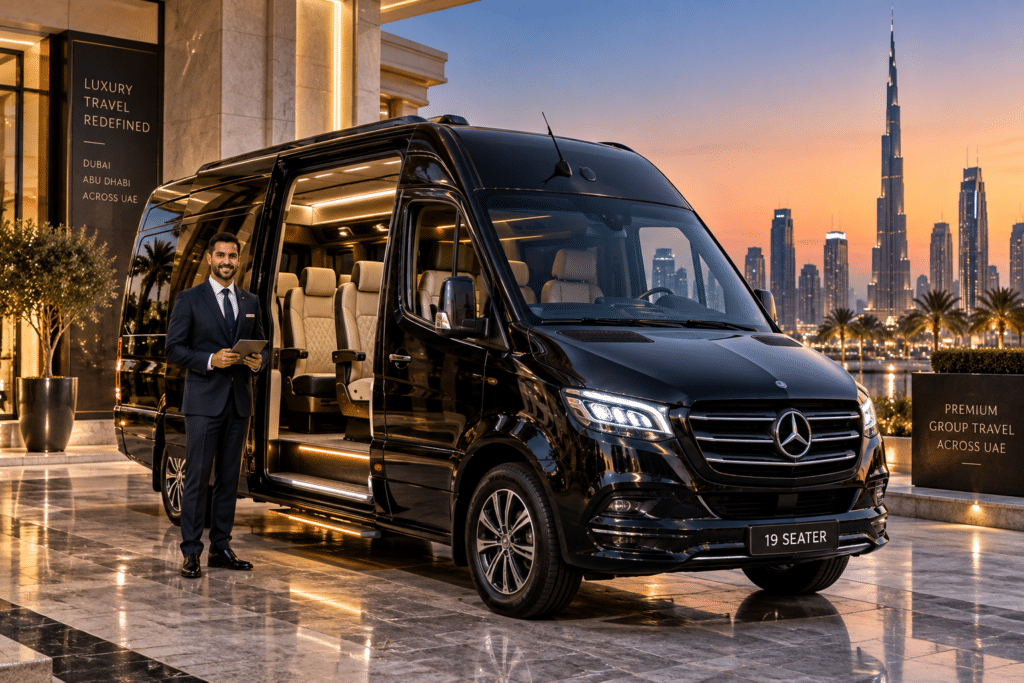 19 seater luxury minibus rental Dubai with professional chauffeur and Burj Khalifa skyline