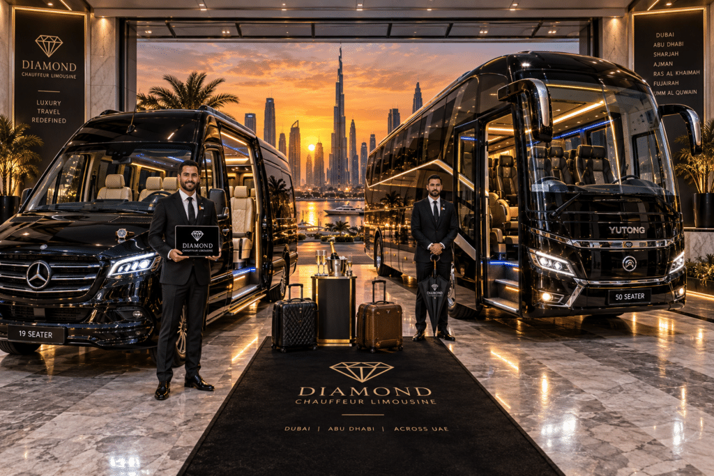 Luxury group transportation in Dubai with Mercedes Sprinter and Yutong 50-seater coach