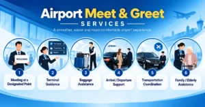 Airport meet and greet services infographic showing terminal guidance, baggage assistance, arrival and departure support, transportation coordination, designated meeting points, and family or elderly assistance.