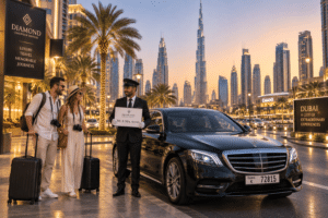 Chauffeur service Downtown Dubai – luxury sedan with Burj Khalifa in the background