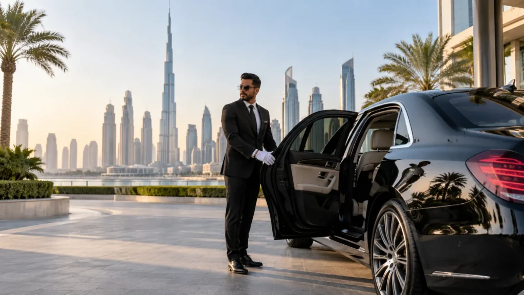 Luxury car with driver service in Dubai skyline