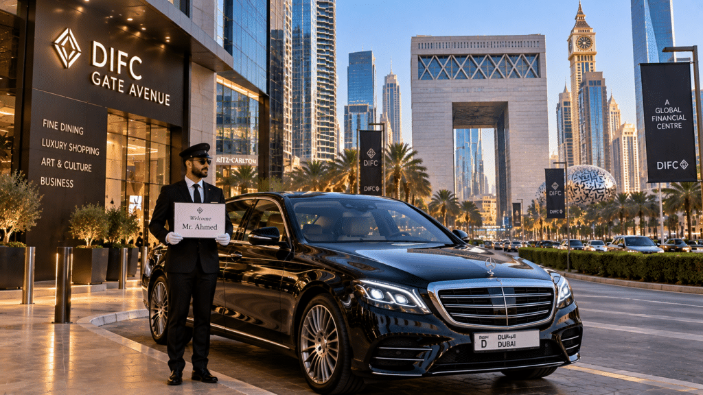 Luxury black sedan with professional chauffeur at DIFC Gate Avenue in Dubai financial district