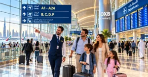 Meet and greet assistant guiding a family through Dubai International Airport Terminal 3.
