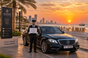Chauffeur service Ajman – luxury sedan with Ajman Corniche and Gulf sunset
