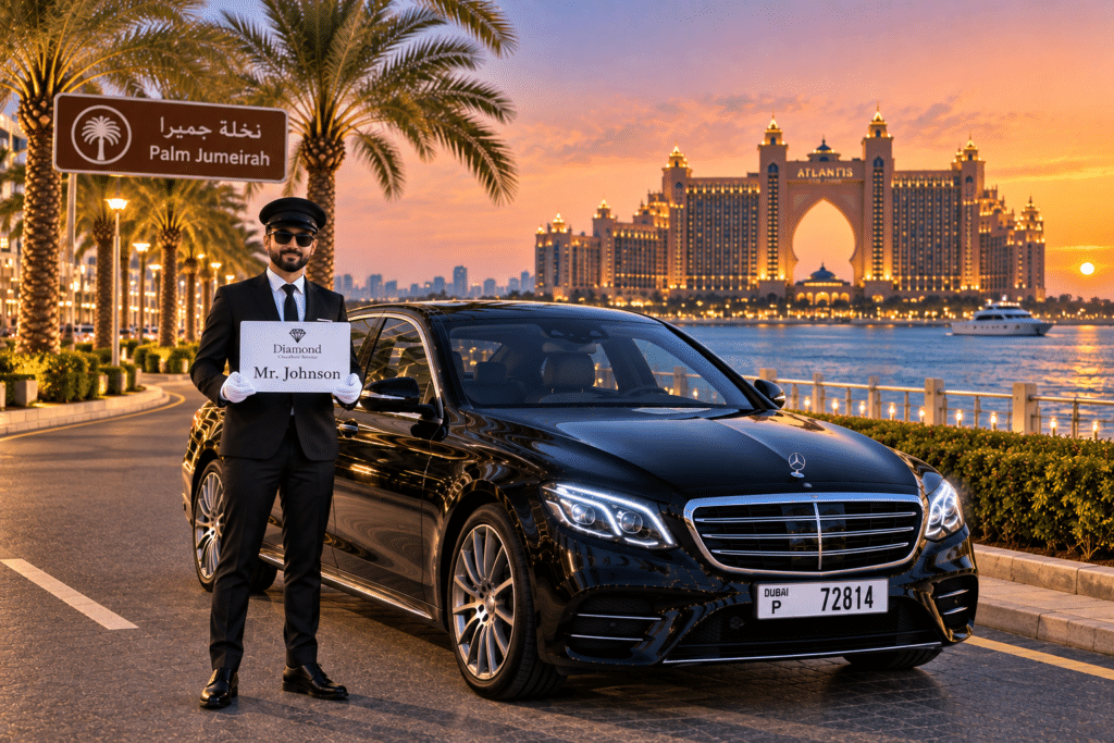 Luxury black Mercedes sedan with a professional chauffeur holding a personalized name board on Palm Jumeirah, with Atlantis, The Palm and the Arabian Gulf in the background at sunset.