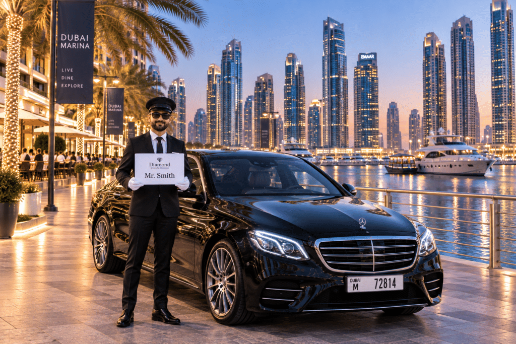 Luxury black Mercedes sedan with a professional chauffeur holding a personalized name board on Dubai Marina Walk, surrounded by illuminated skyscrapers, palm trees, yachts, and waterfront views.