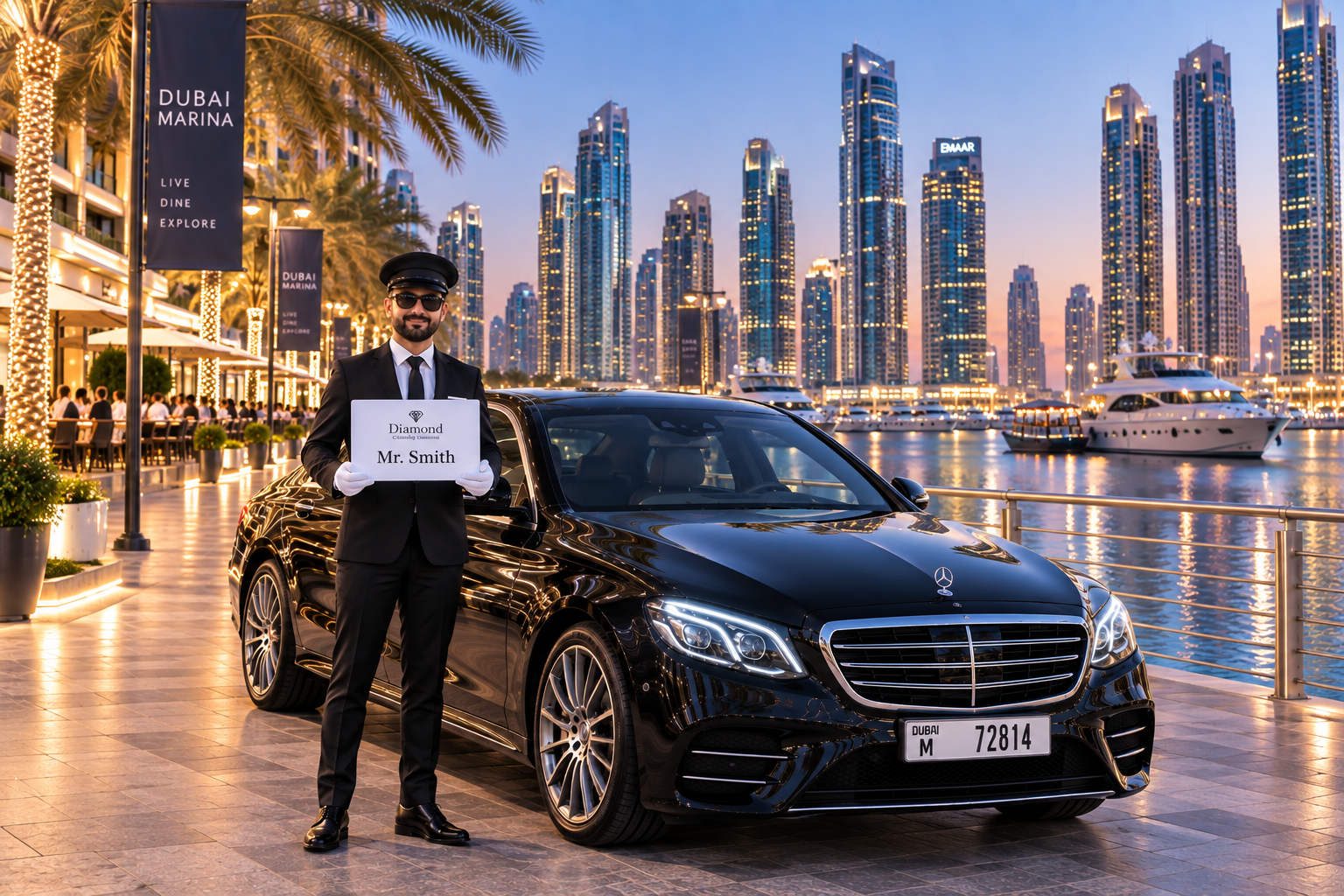 Luxury black Mercedes sedan with a professional chauffeur holding a personalized name board on Dubai Marina Walk, surrounded by illuminated skyscrapers, palm trees, yachts, and waterfront views.