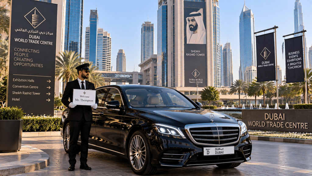 Luxury black sedan with professional chauffeur outside Dubai World Trade Centre and Sheikh Rashid Tower