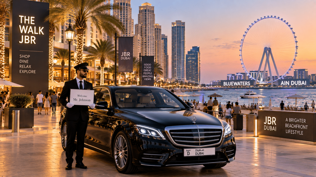 A luxury black sedan (e.g., Mercedes E‑Class or BMW 5 Series) parked on The Walk at JBR promenade with the Bluewaters Island and Ain Dubai visible in the background. A professional chauffeur in a neat uniform stands beside the vehicle holding a personalized name board. The scene should capture the vibrant beachfront lifestyle of JBR with the iconic Bluewaters Island Ferris wheel (Ain Dubai) in the distance.