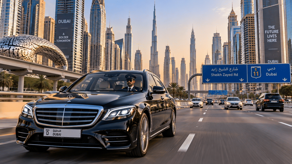 Luxury black sedan with professional chauffeur driving on Sheikh Zayed Road in Dubai with Burj Khalifa skyline in background