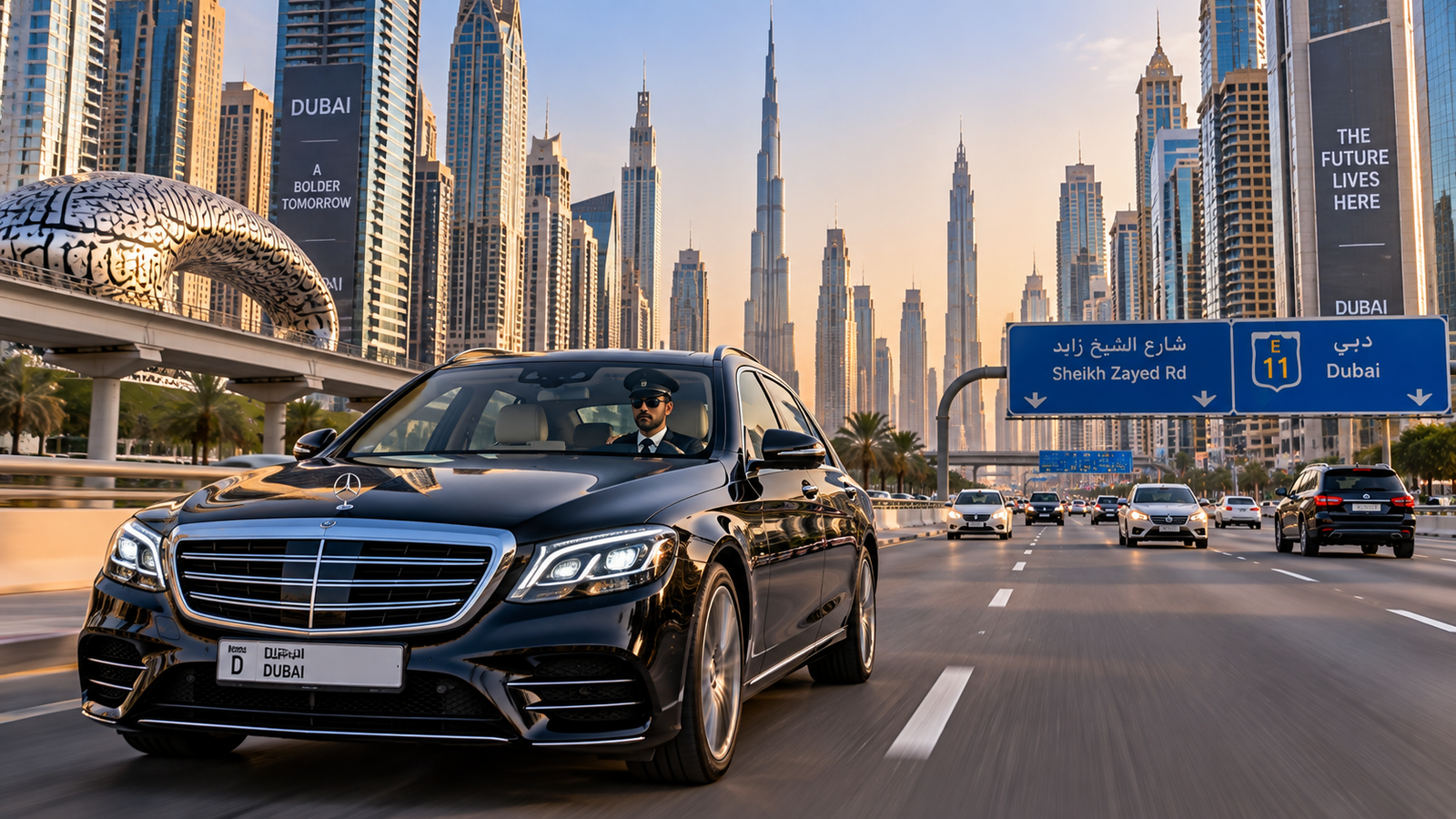 Luxury black sedan with professional chauffeur driving on Sheikh Zayed Road in Dubai with Burj Khalifa skyline in background