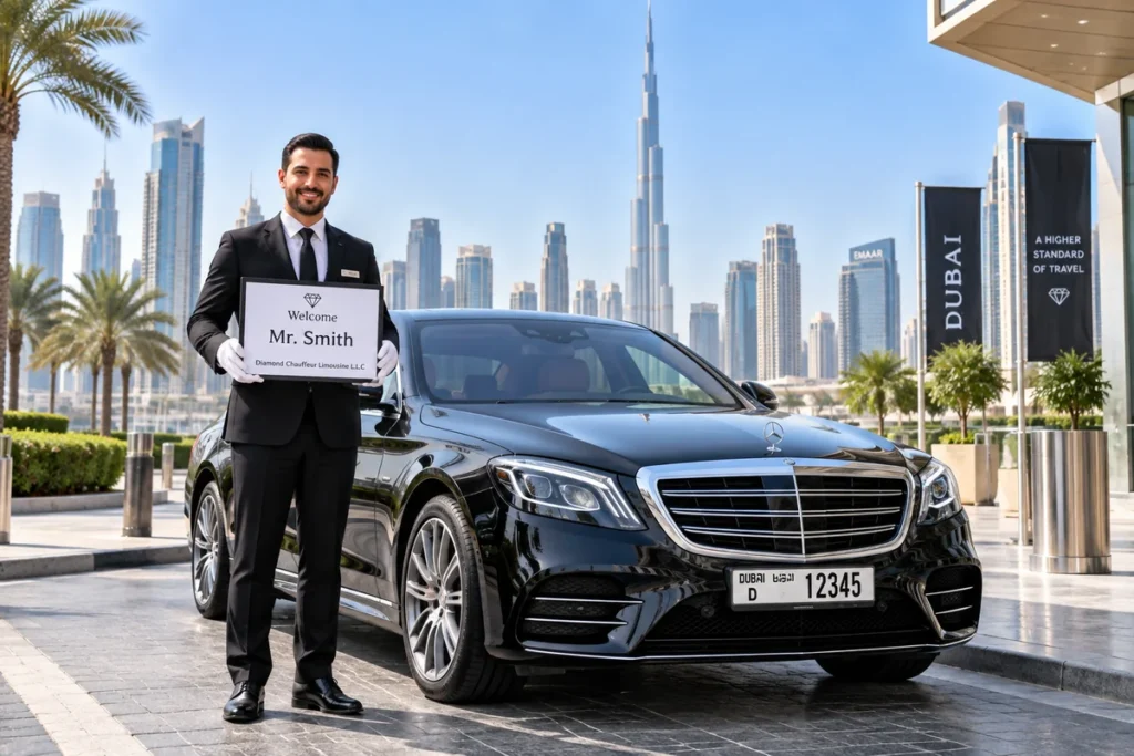Luxury chauffeur Dubai with Mercedes S-Class and Burj Khalifa