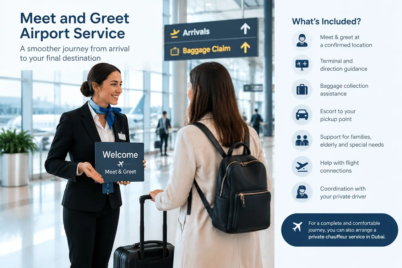 Meet and greet airport service assisting passengers with terminal navigation and luggage.