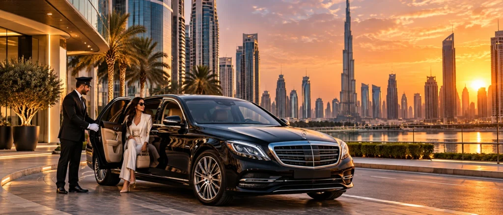 Luxury Mercedes S-Class chauffeur service in Dubai Business Bay with Burj Khalifa skyline
