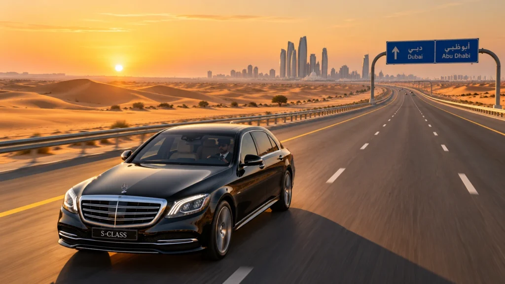 Luxury Mercedes S-Class chauffeur service between Dubai and Abu Dhabi through the Arabian desert