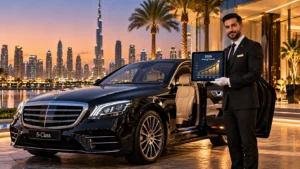 Luxury Mercedes S-Class with professional chauffeur in Dubai at twilight.