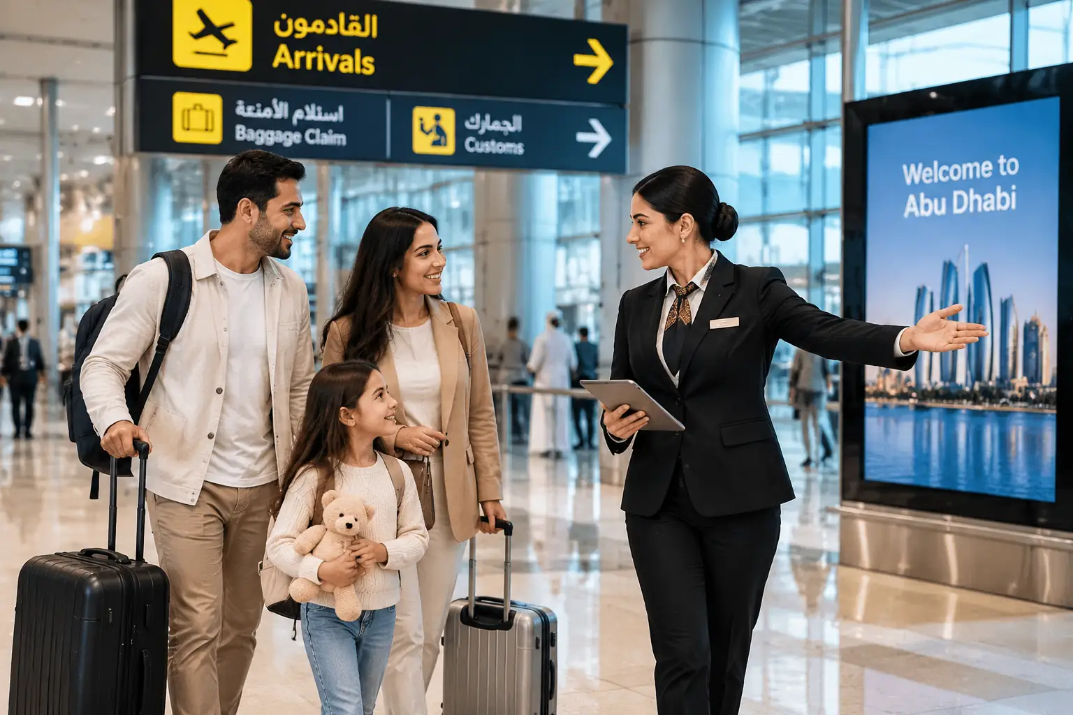 Airport representative guiding a family through the terminal toward baggage claim and customs