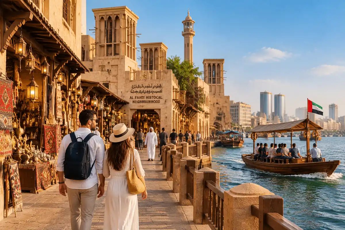 Old Dubai cultural attractions with traditional souks, Al Fahidi Historical Neighbourhood, and abra boats on Dubai Creek