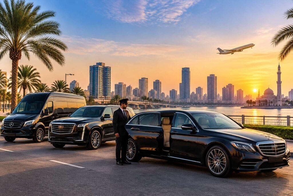 Ajman transport service with luxury cars, SUV and passenger van by the waterfront