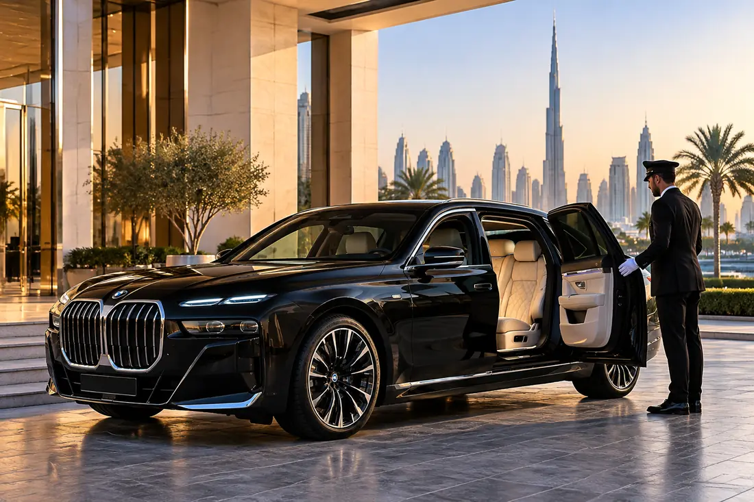 Black BMW 7 Series with a professional chauffeur outside a luxury hotel in Dubai.