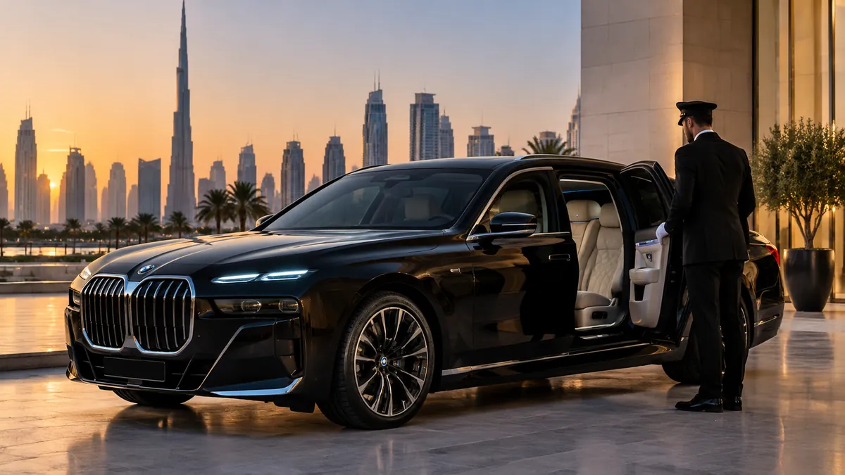 Black BMW i7 with a professional chauffeur outside a luxury hotel in Dubai at sunset.