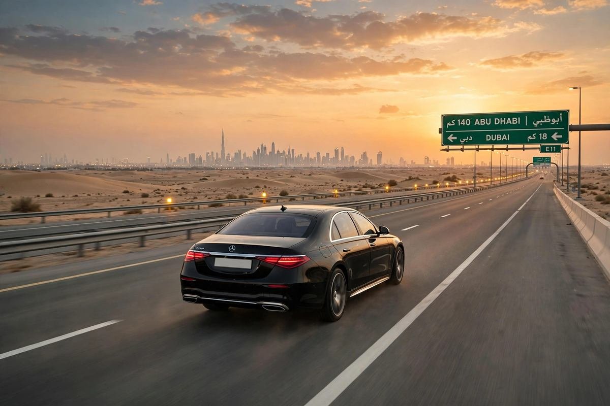 Luxury sedan driving on the highway from Dubai to Abu Dhabi at dusk