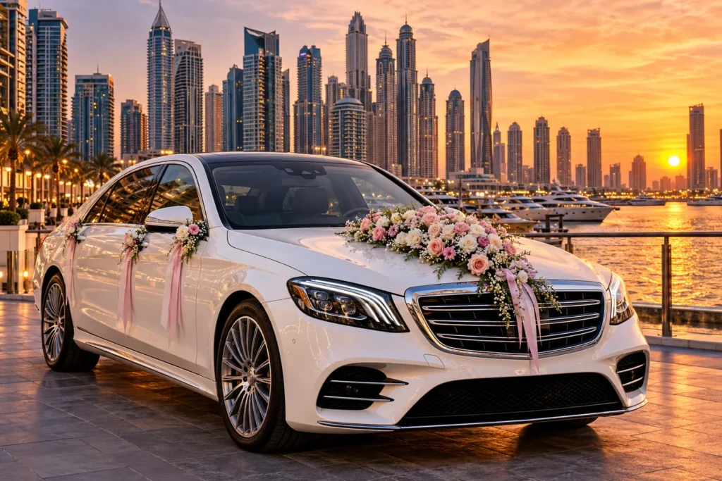 Luxury wedding car in Dubai with professional chauffeur service for an elegant and comfortable wedding day.