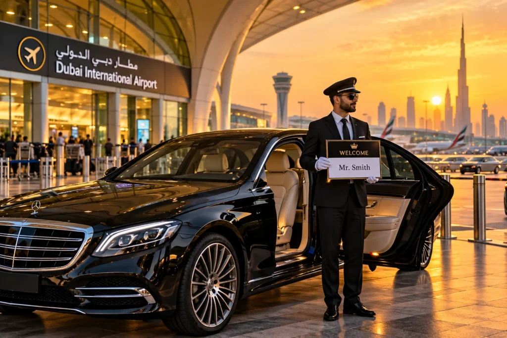 Luxury chauffeur holding a welcome sign beside a Mercedes S-Class at Dubai International Airport.