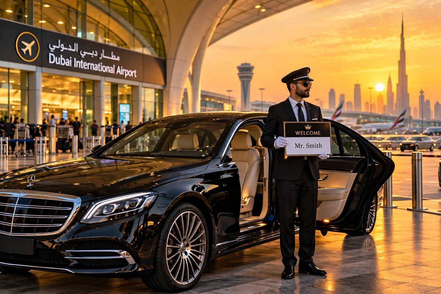 Luxury chauffeur holding a welcome sign beside a Mercedes S-Class at Dubai International Airport.