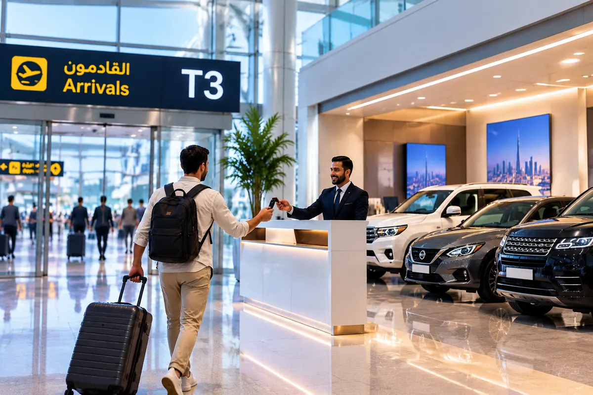 Car rental counter and vehicles at Dubai International Airport Terminal 3 Arrivals