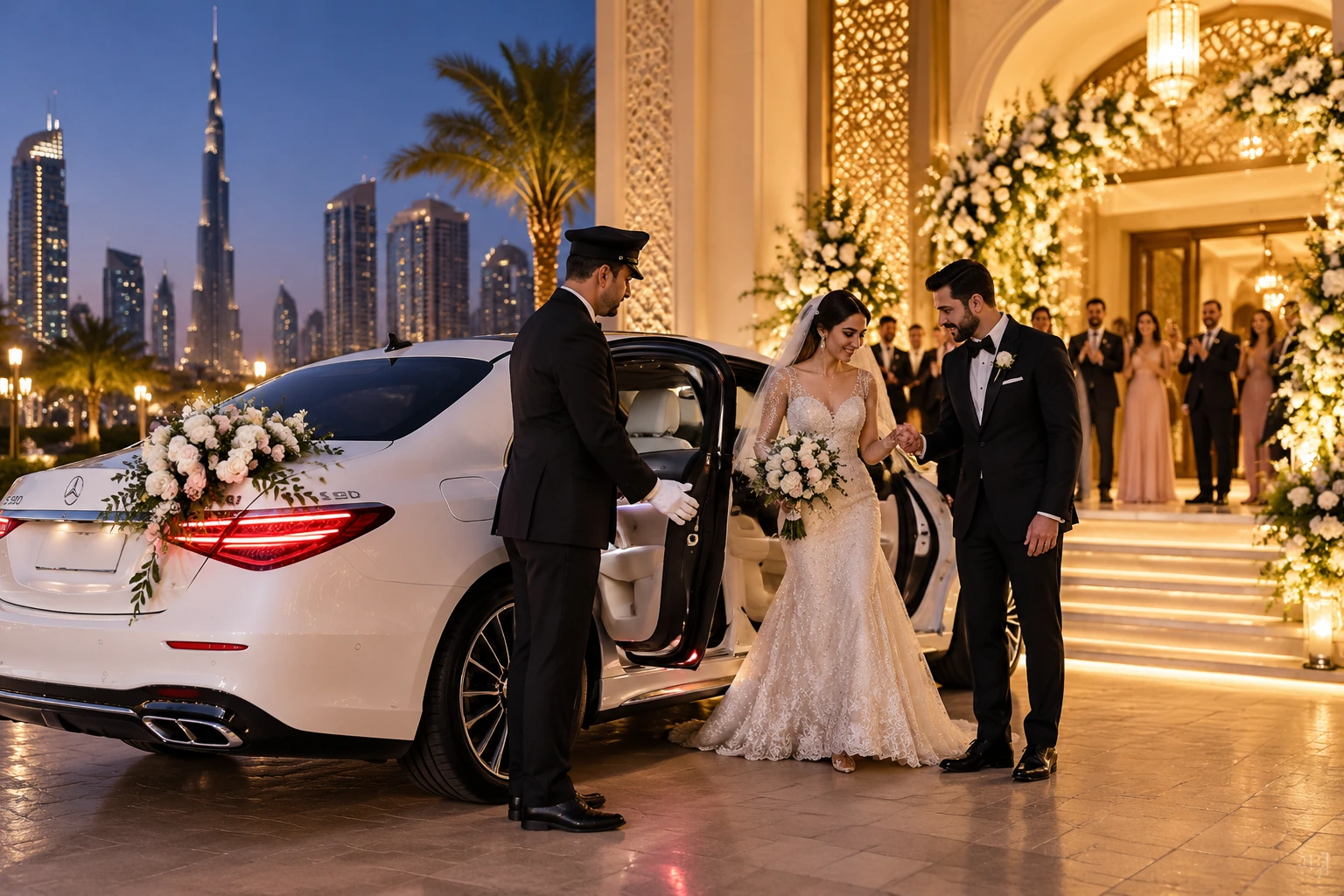 Luxury wedding car in Dubai outside an elegant hotel with a professional chauffeur welcoming the bride and groom.