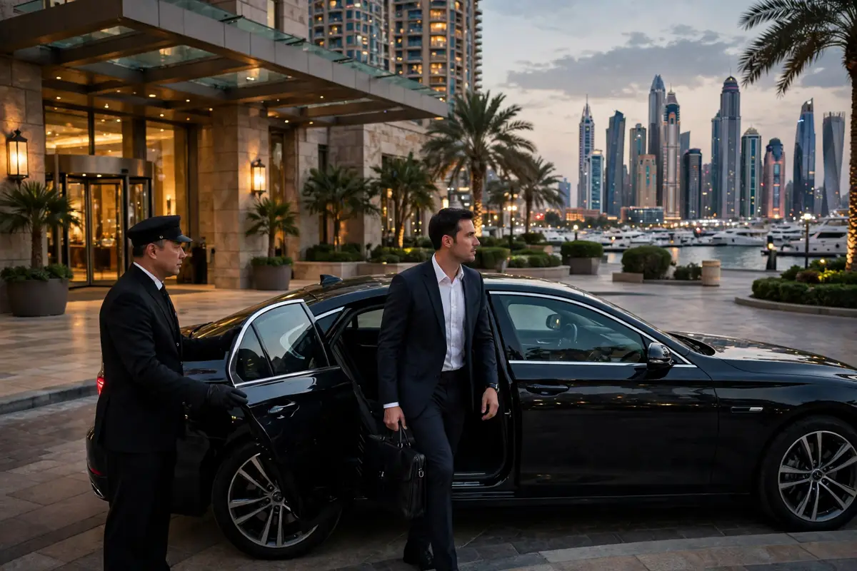 Luxury hotel transfer Dubai executive sedan hotel arrival
