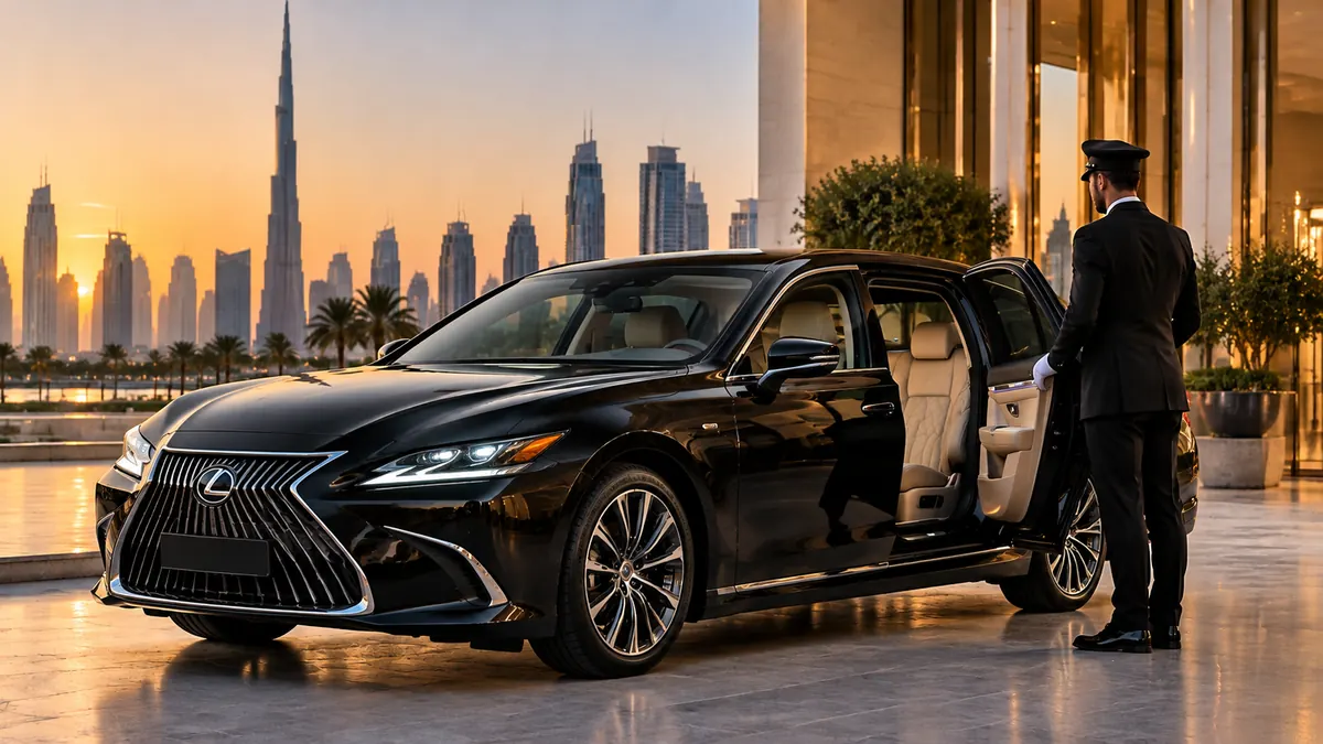 Black Lexus ES 300 with a professional chauffeur outside a luxury hotel in Dubai at sunset.