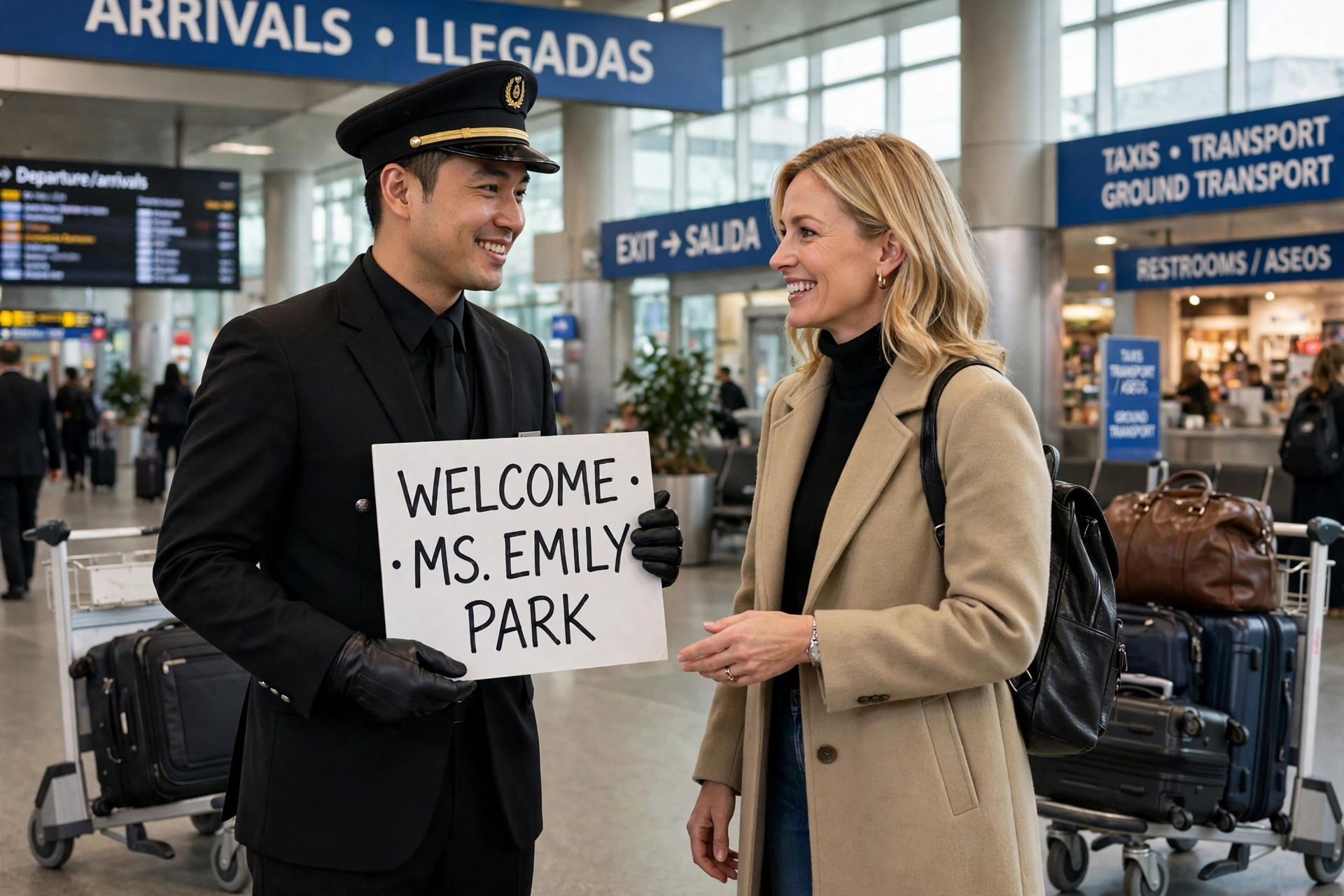Professional chauffeur greeting traveler with name sign at Dubai airport arrivals hall