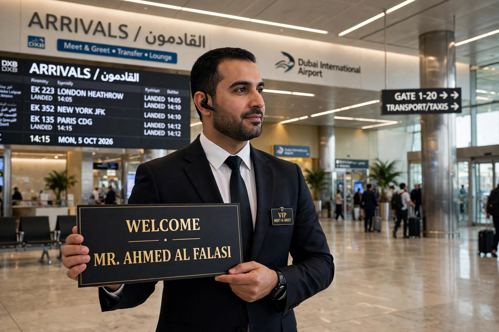 Chauffeur holding name sign at Dubai airport arrivals for meet and greet pickup