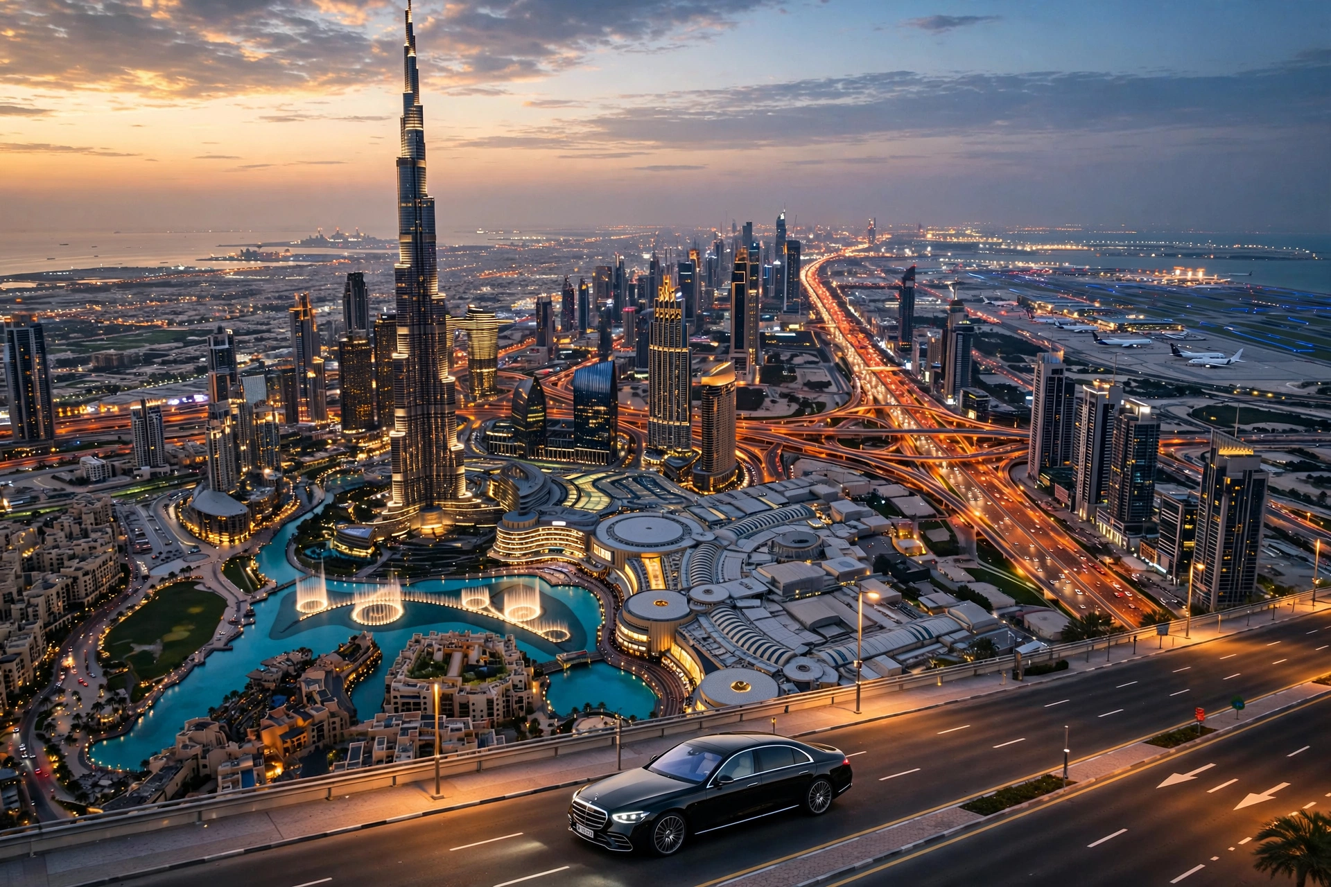 Luxury chauffeur sedan driving from Downtown Dubai to DXB airport at dusk with Burj Khalifa