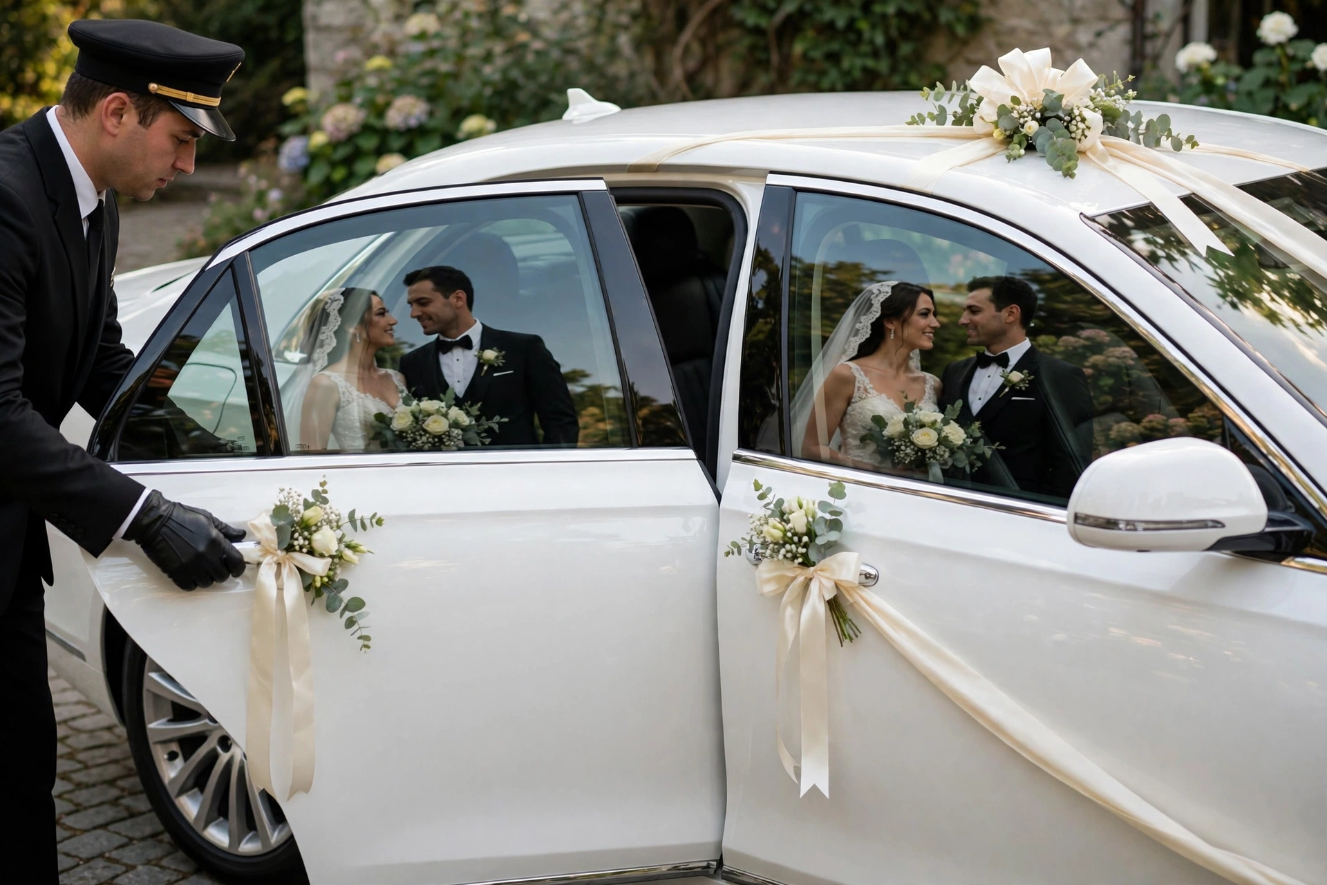 White wedding limousine with ribbon decorations, driver opening door in Dubai