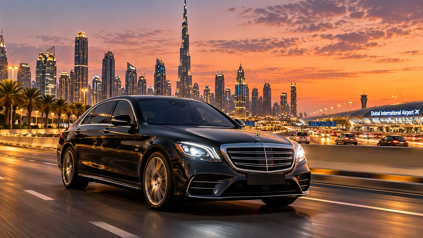 Black Mercedes-Benz S-Class driving on Sheikh Zayed Road in Dubai at dusk with Burj Khalifa and Dubai International Airport in the background.