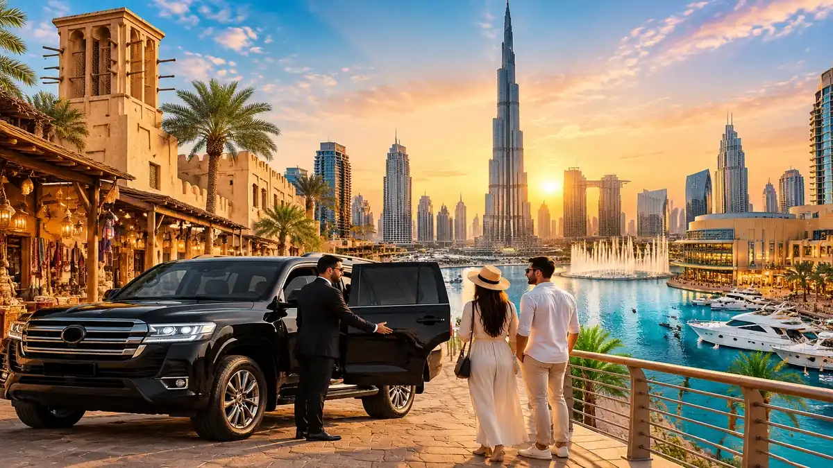 Dubai sightseeing tour featuring Burj Khalifa, Dubai Creek and luxury chauffeur SUV