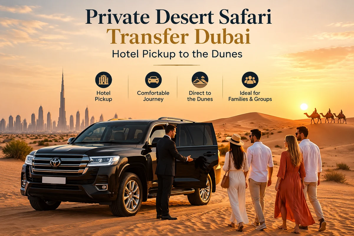 Private desert safari transfer in Dubai with hotel pickup and luxury chauffeur-driven SUV
