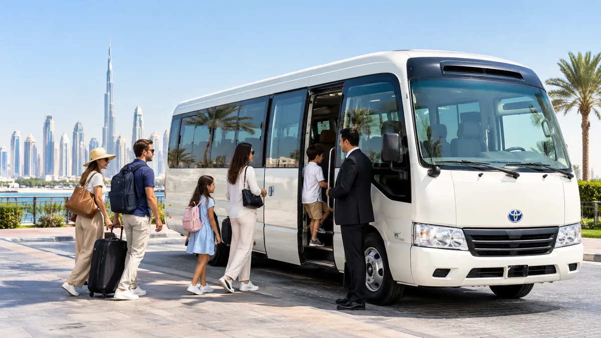 Toyota Coaster 23 seater bus rental across UAE with families, adults, and children boarding.