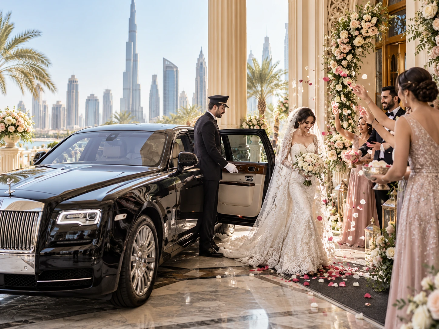 Luxury wedding car in Dubai with professional chauffeur service
